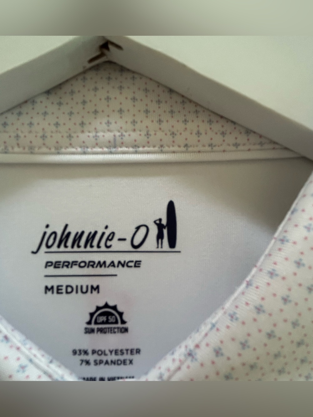 johnnie-O Performance Shirt in White with Navy Logo and Multicolor Microprint